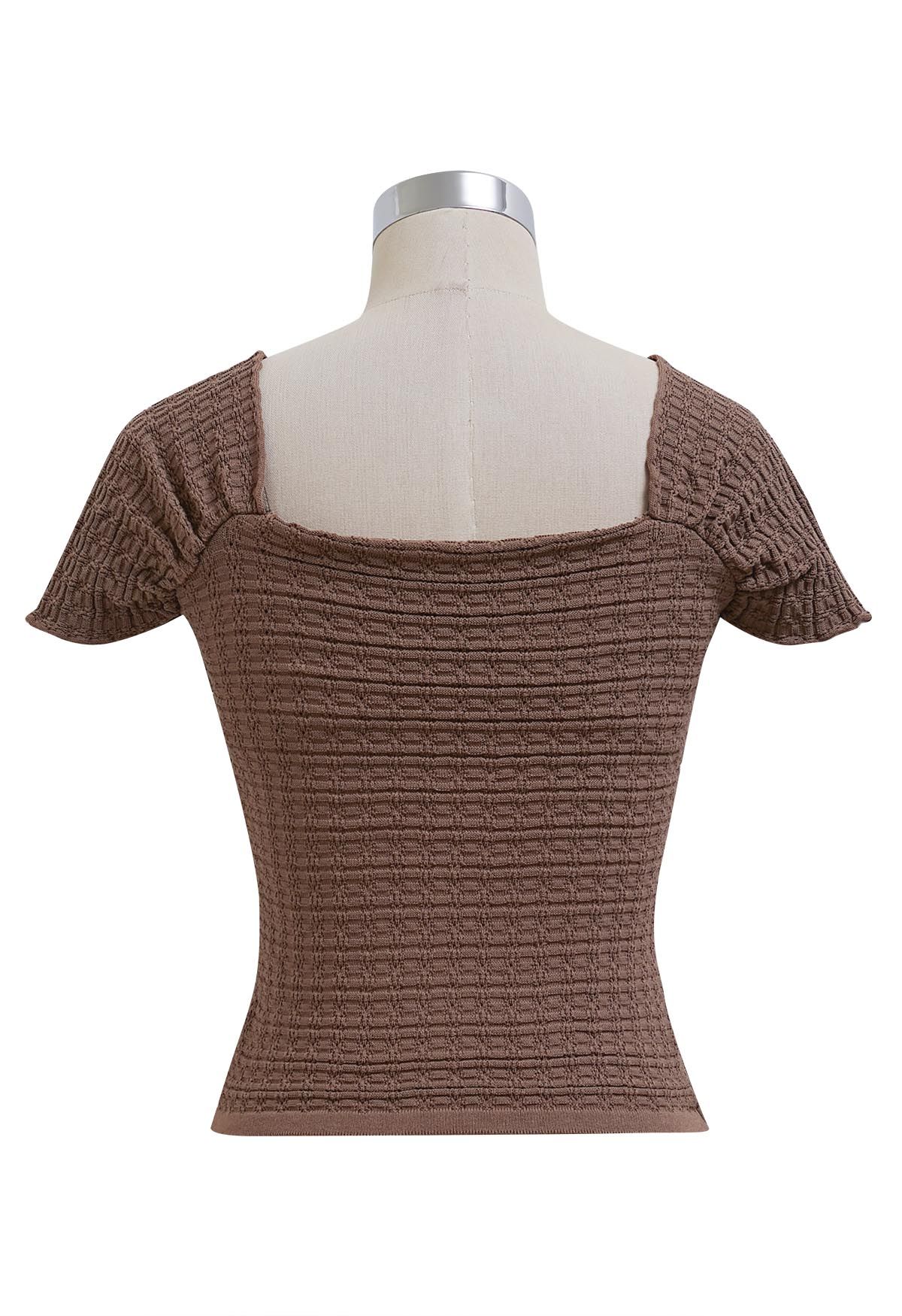 Sweetheart Neckline Shirred Crop Knit Top in Brown