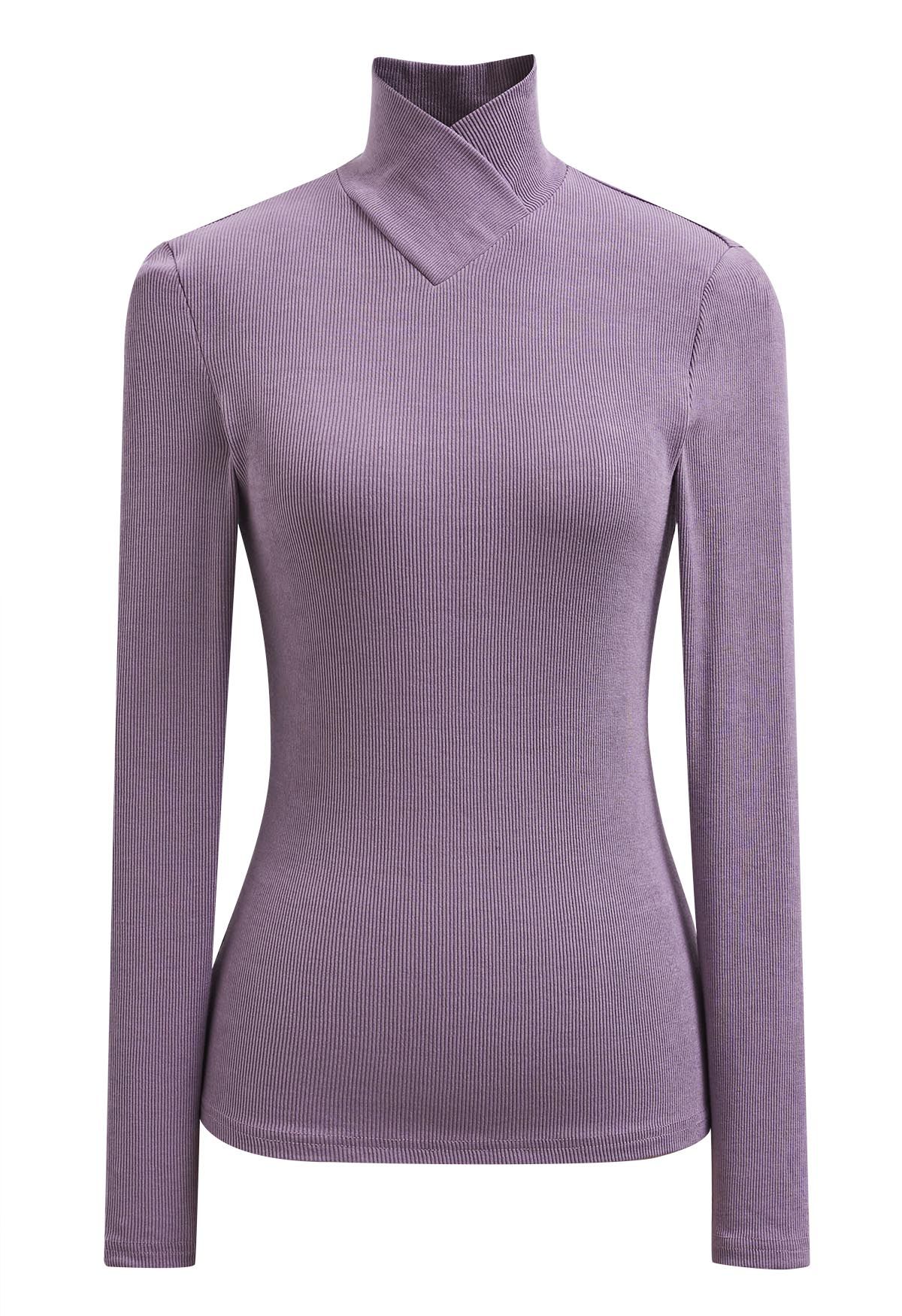 Faux-Wrap Mock Neck Long-Sleeve Top in Lavender