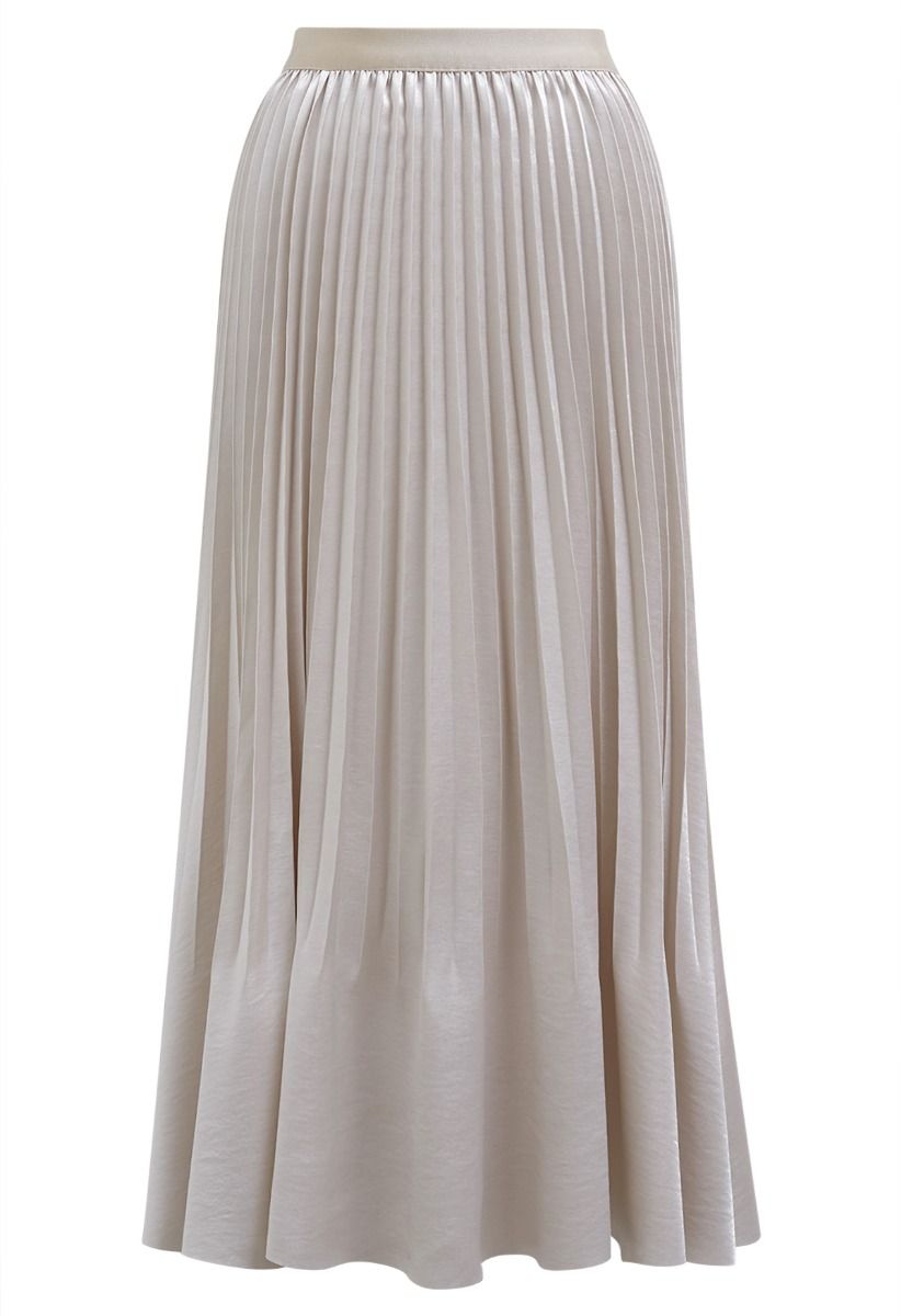 Smooth Satin Pleated Midi Skirt in Cream