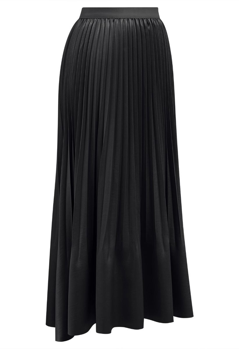 Smooth Satin Pleated Midi Skirt in Black