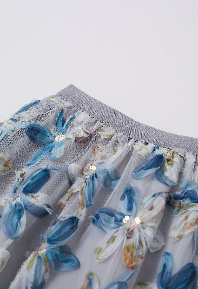 Petal Symphony Double-Layered Mesh Midi Skirt in Blue