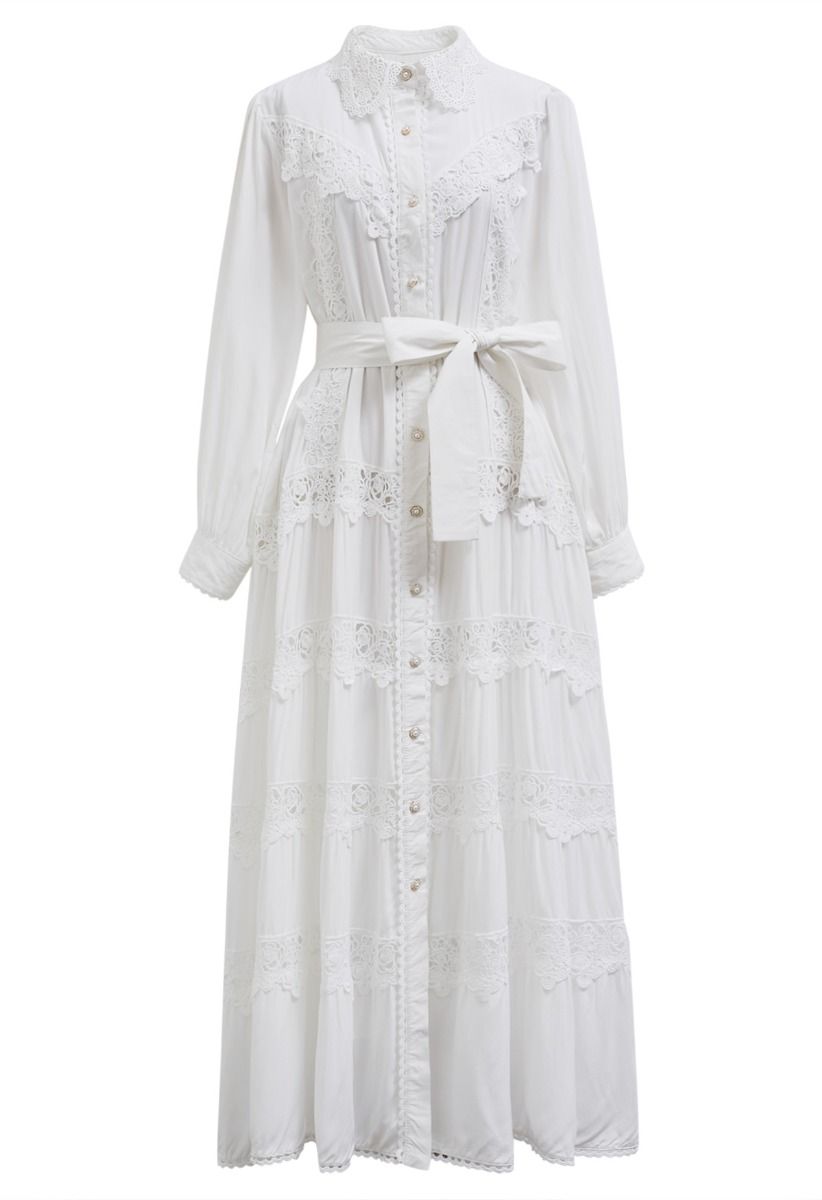 Rose Cutwork Lace Inserted Button Down Maxi Dress in White