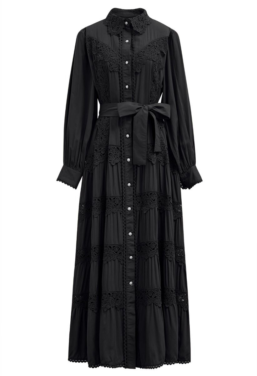 Rose Cutwork Lace Inserted Button Down Maxi Dress in Black