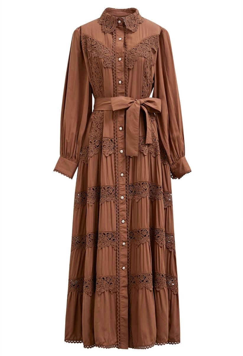 Rose Cutwork Lace Inserted Button Down Maxi Dress in Brown