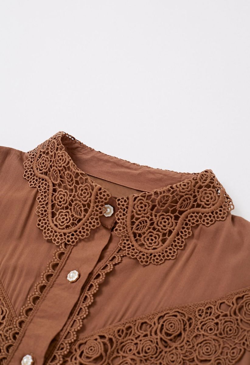 Rose Cutwork Lace Inserted Button Down Maxi Dress in Brown