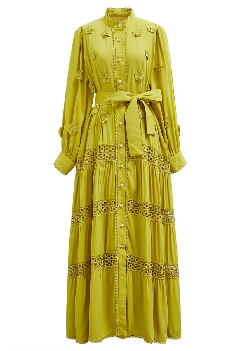 3D Floret Embellished Cutwork Lace Button Down Maxi Dress in Yellow