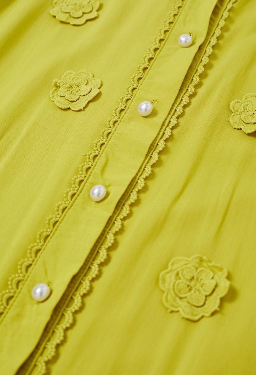 3D Floret Embellished Cutwork Lace Button Down Maxi Dress in Yellow