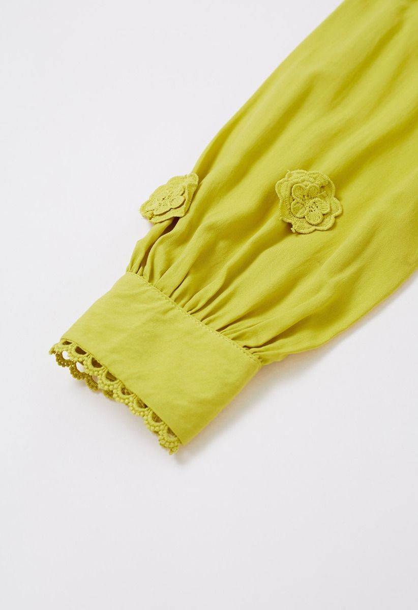 3D Floret Embellished Cutwork Lace Button Down Maxi Dress in Yellow