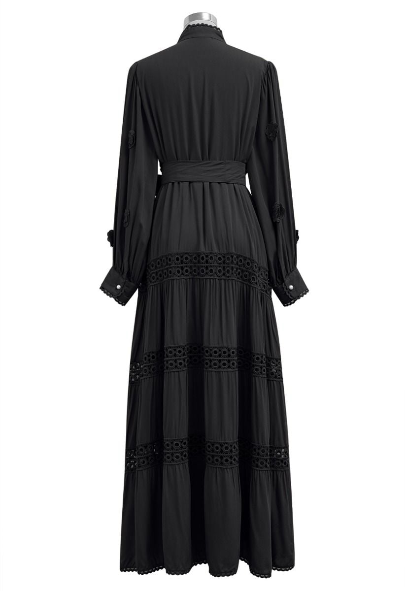 3D Floret Embellished Cutwork Lace Button Down Maxi Dress in Black