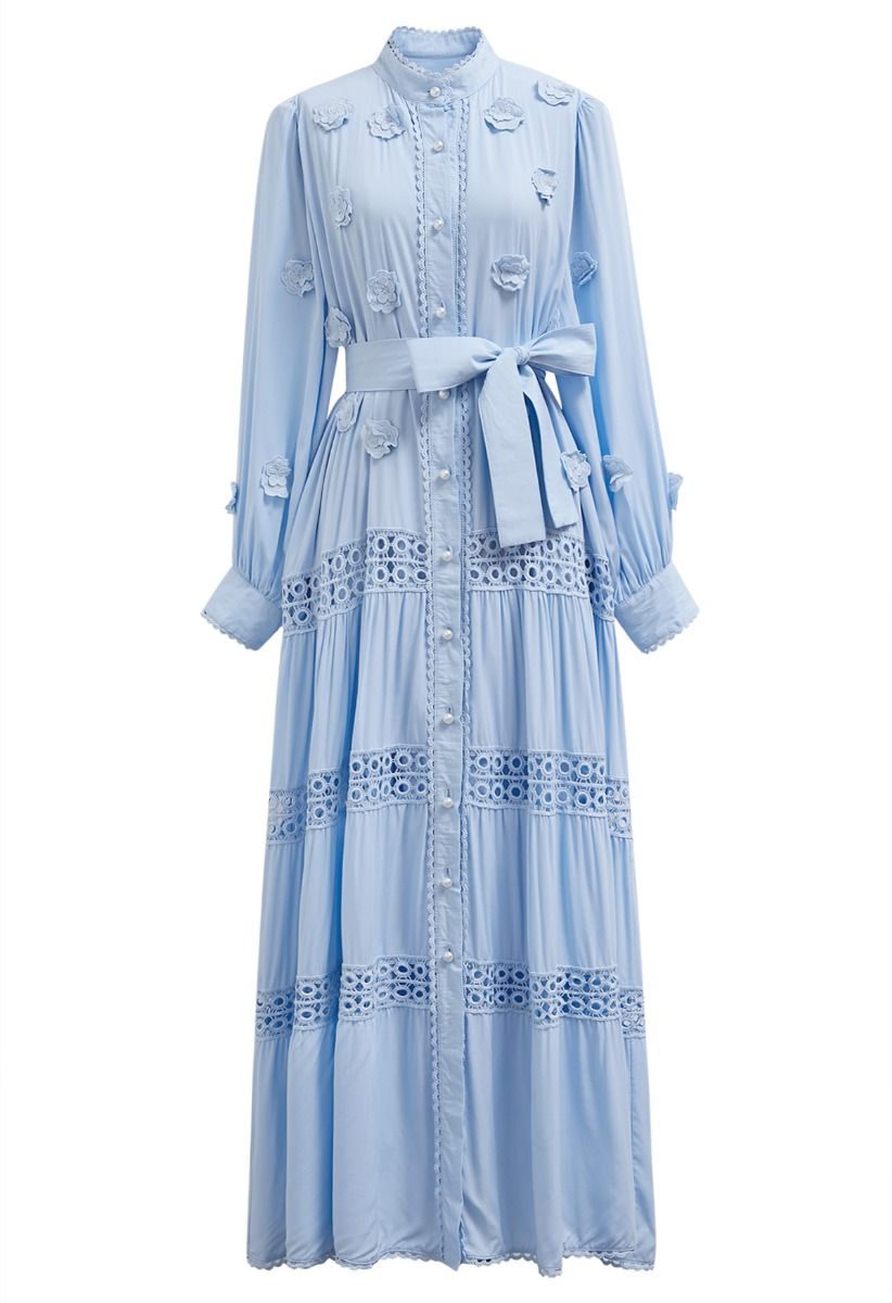 3D Floret Embellished Cutwork Lace Button Down Maxi Dress in Blue