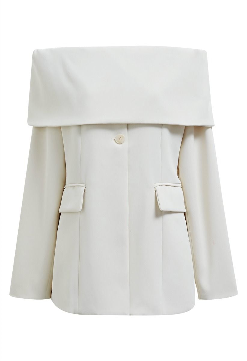 Folded Off-Shoulder Buttoned Blazer in Ivory