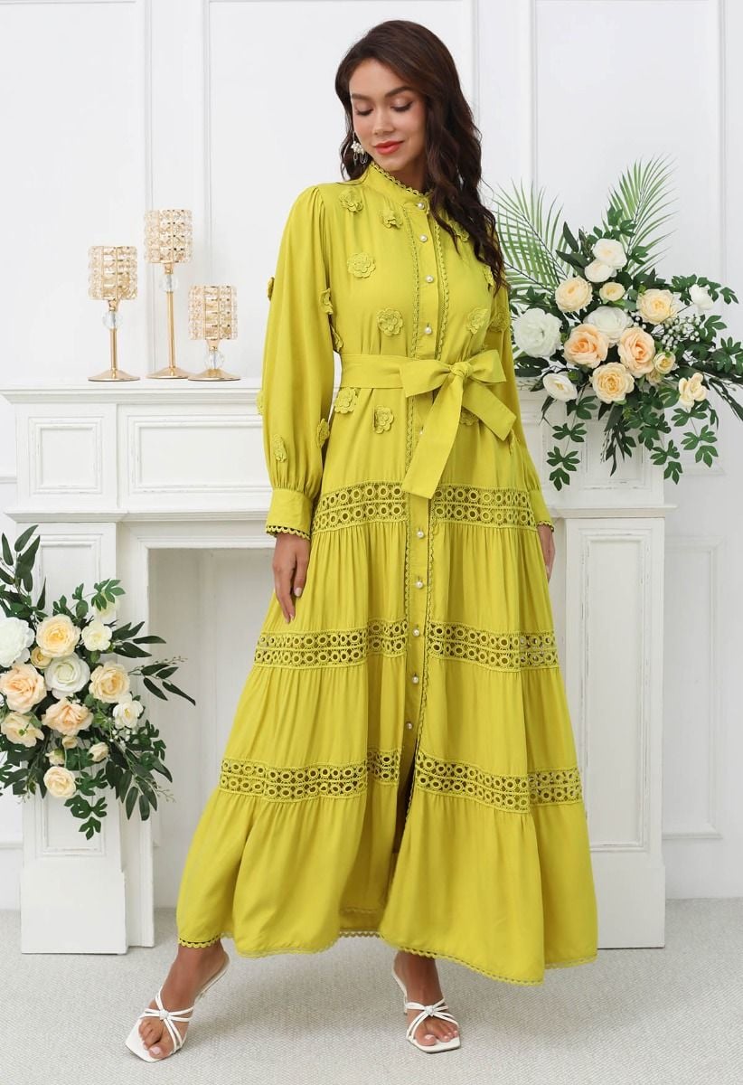 3D Floret Embellished Cutwork Lace Button Down Maxi Dress in Yellow