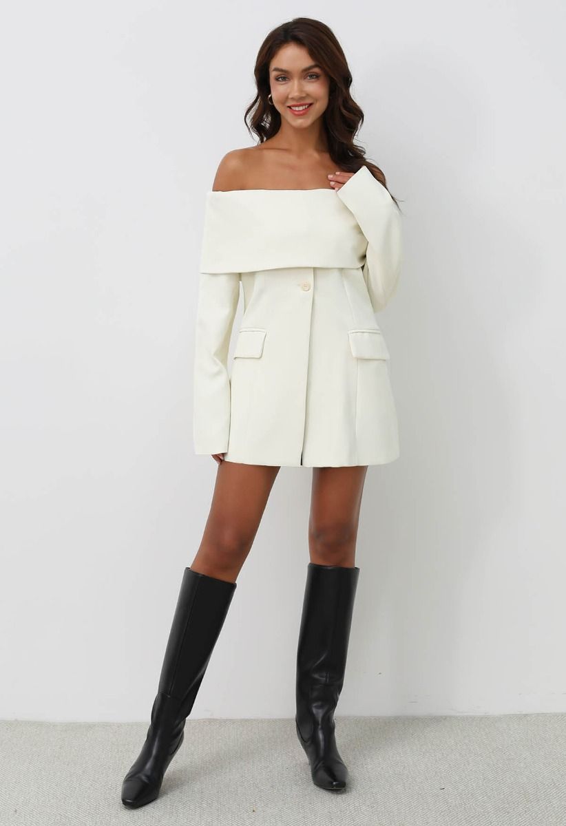 Folded Off-Shoulder Buttoned Blazer in Ivory