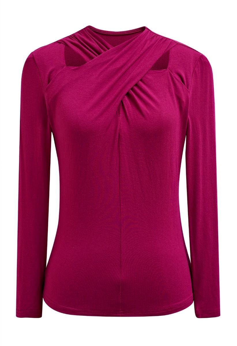 Allure Crisscross Neck Cutout Long-Sleeve Top in Magenta