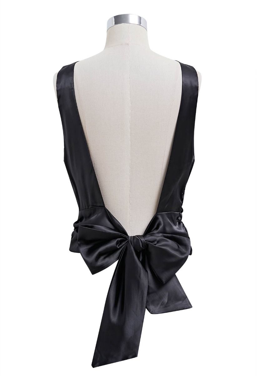 Open Back Tie-Sash Sleeveless Top in Black