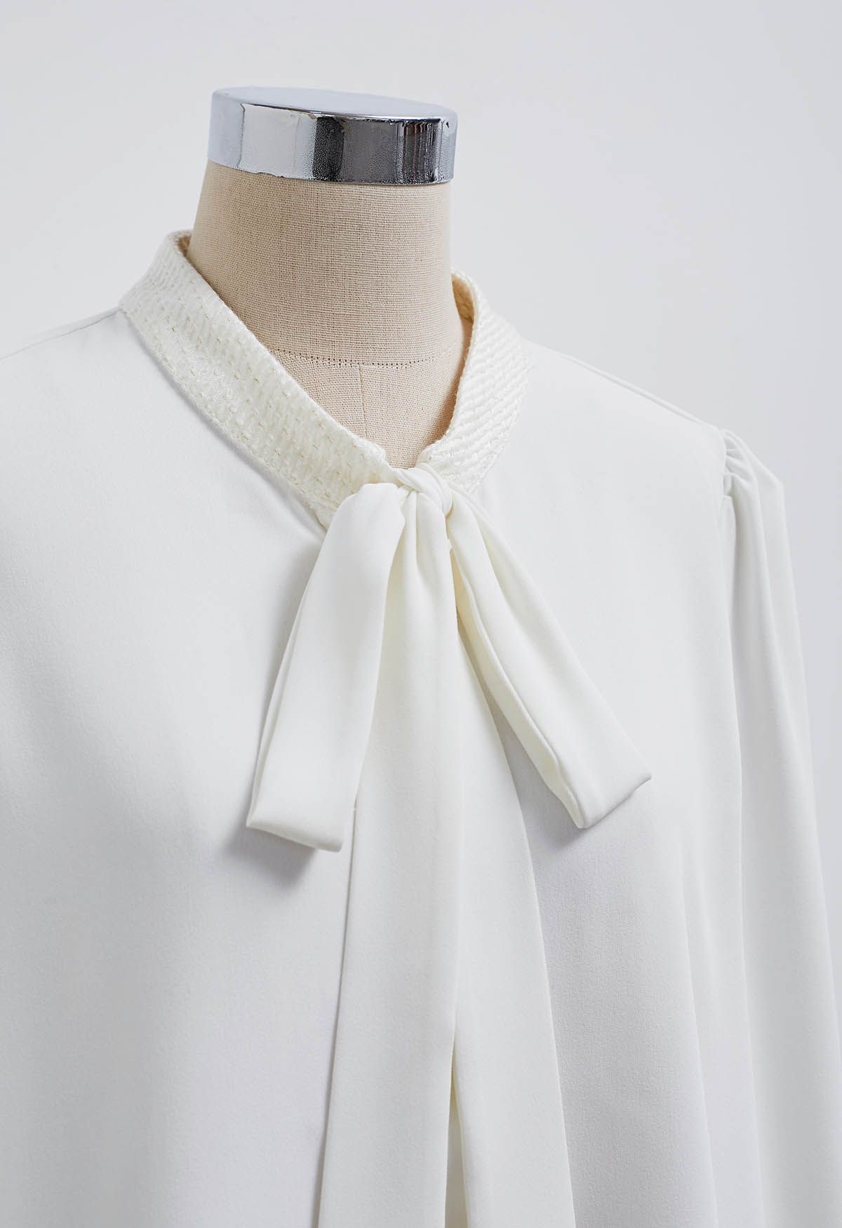 Self-Tie Bowknot Tweed Spliced Shirt in White