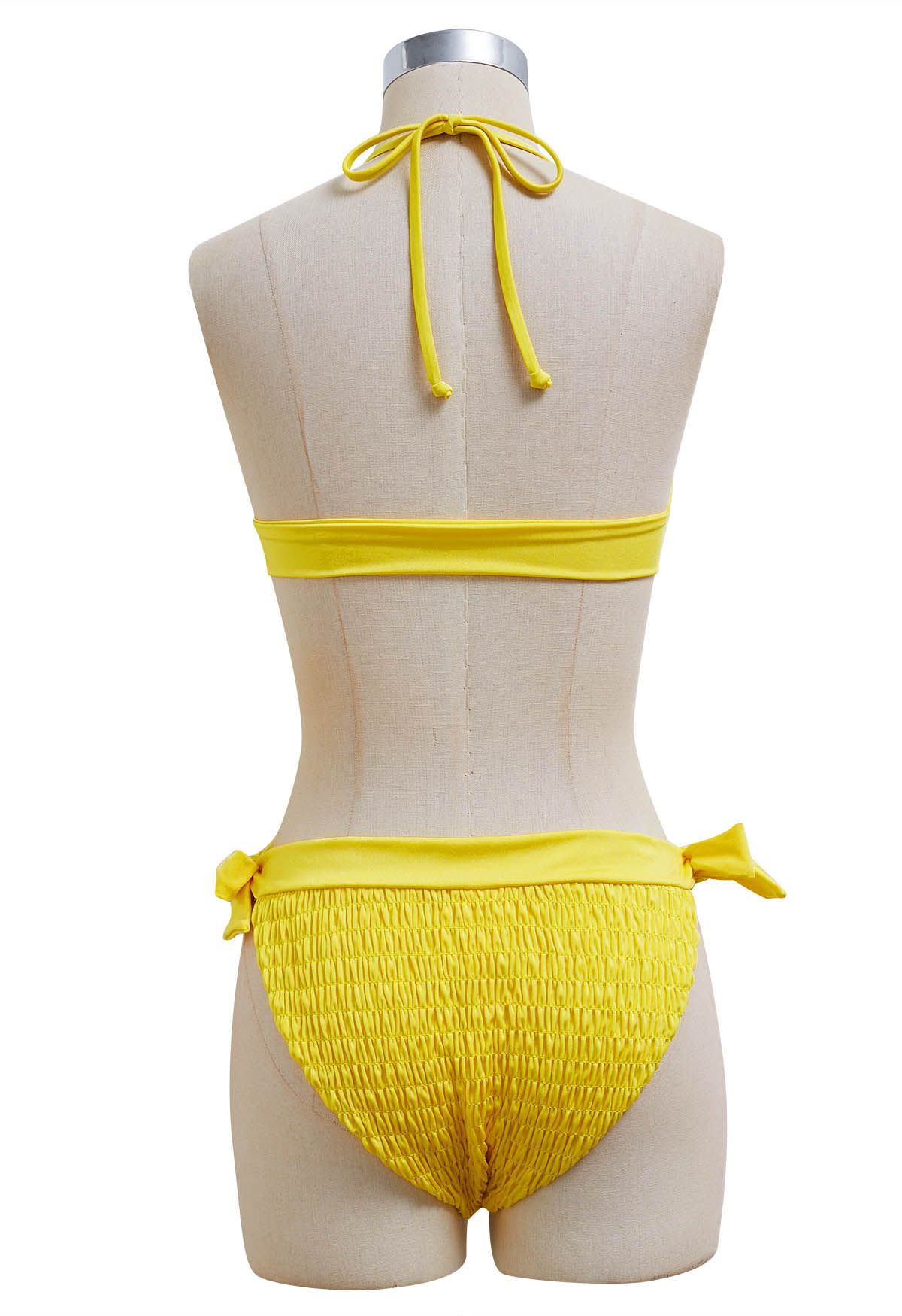 Lemon Glow Embossed Halter Bikini Set