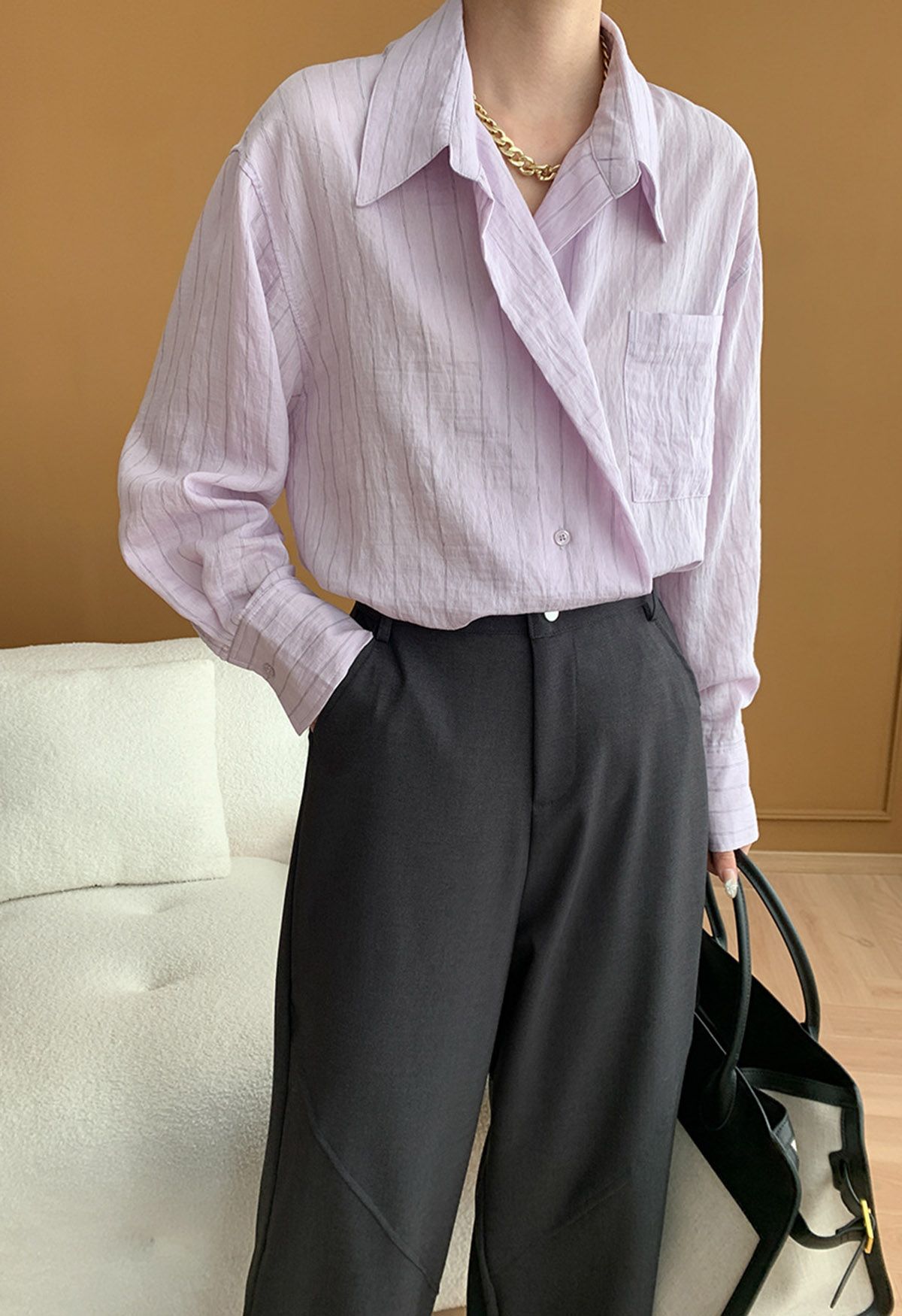 Striped Collared Patch Pocket Shirt in Lilac