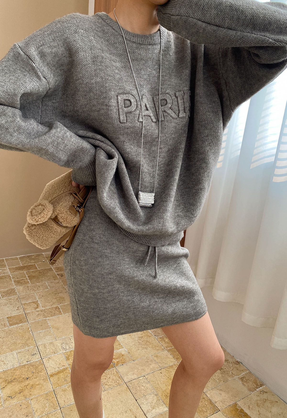 Paris Letter Knit Sweater and Skirt Set in Grey