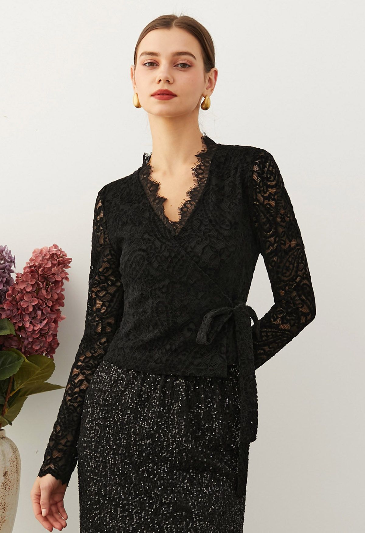 Paisley Full Lace Tie Waist Wrap Top in Black