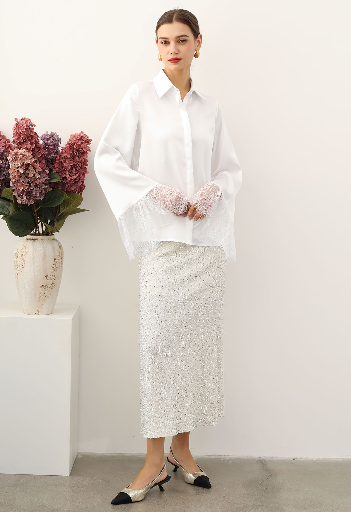 Lace Cuff Bell-Sleeve Satin Shirt in White