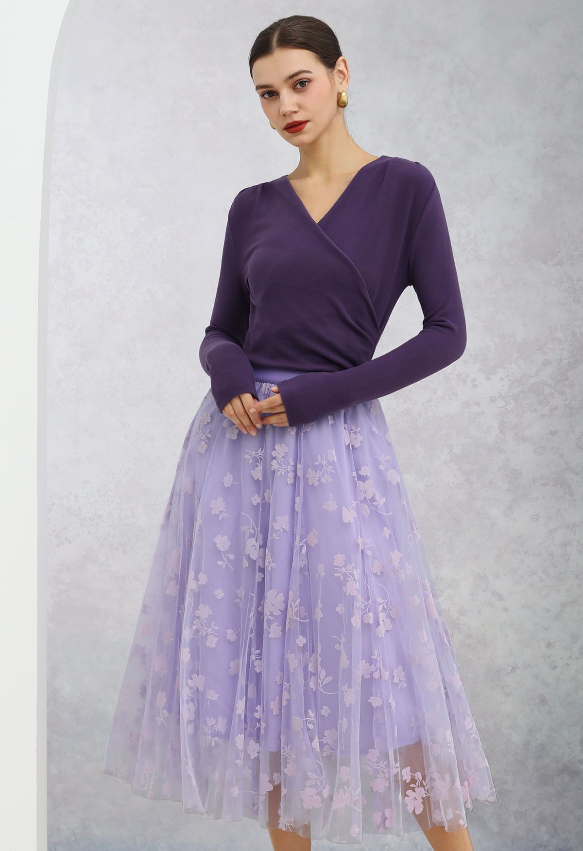 3D Posy Double-Layered Mesh Midi Skirt in Lavender