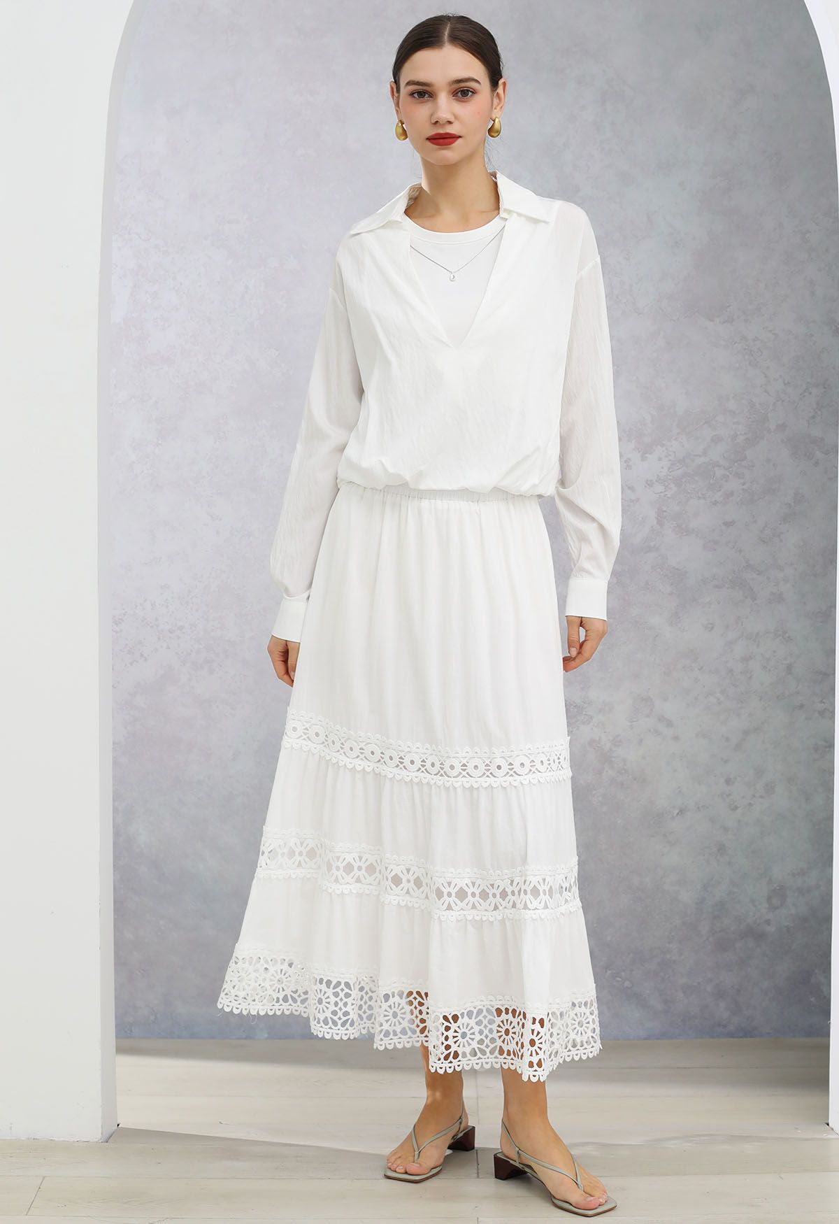 Geometric Lace Maxi Skirt in White