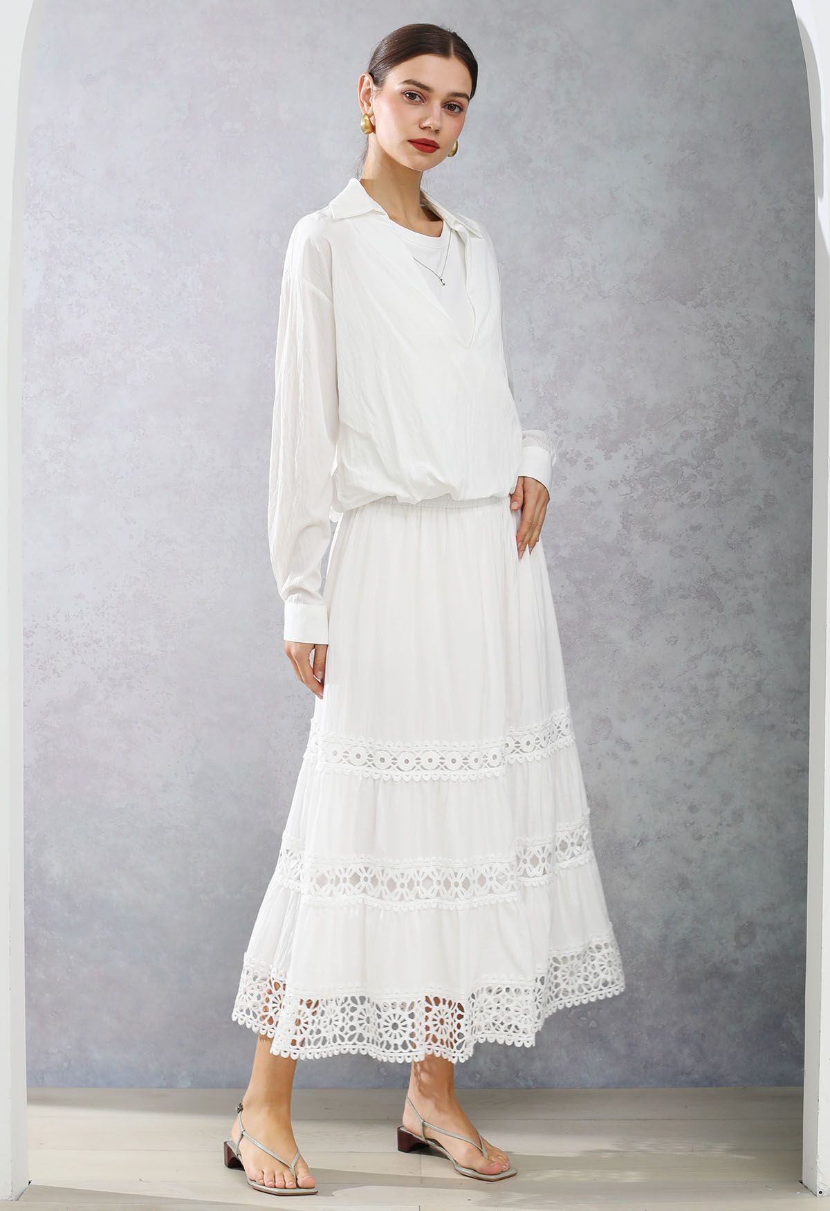 Geometric Lace Maxi Skirt in White