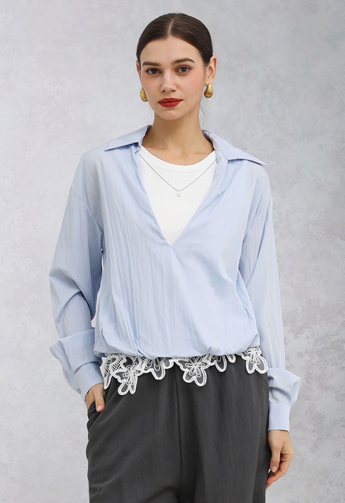 Necklace Decorated Fake Two-Piece Shirt in Light Blue