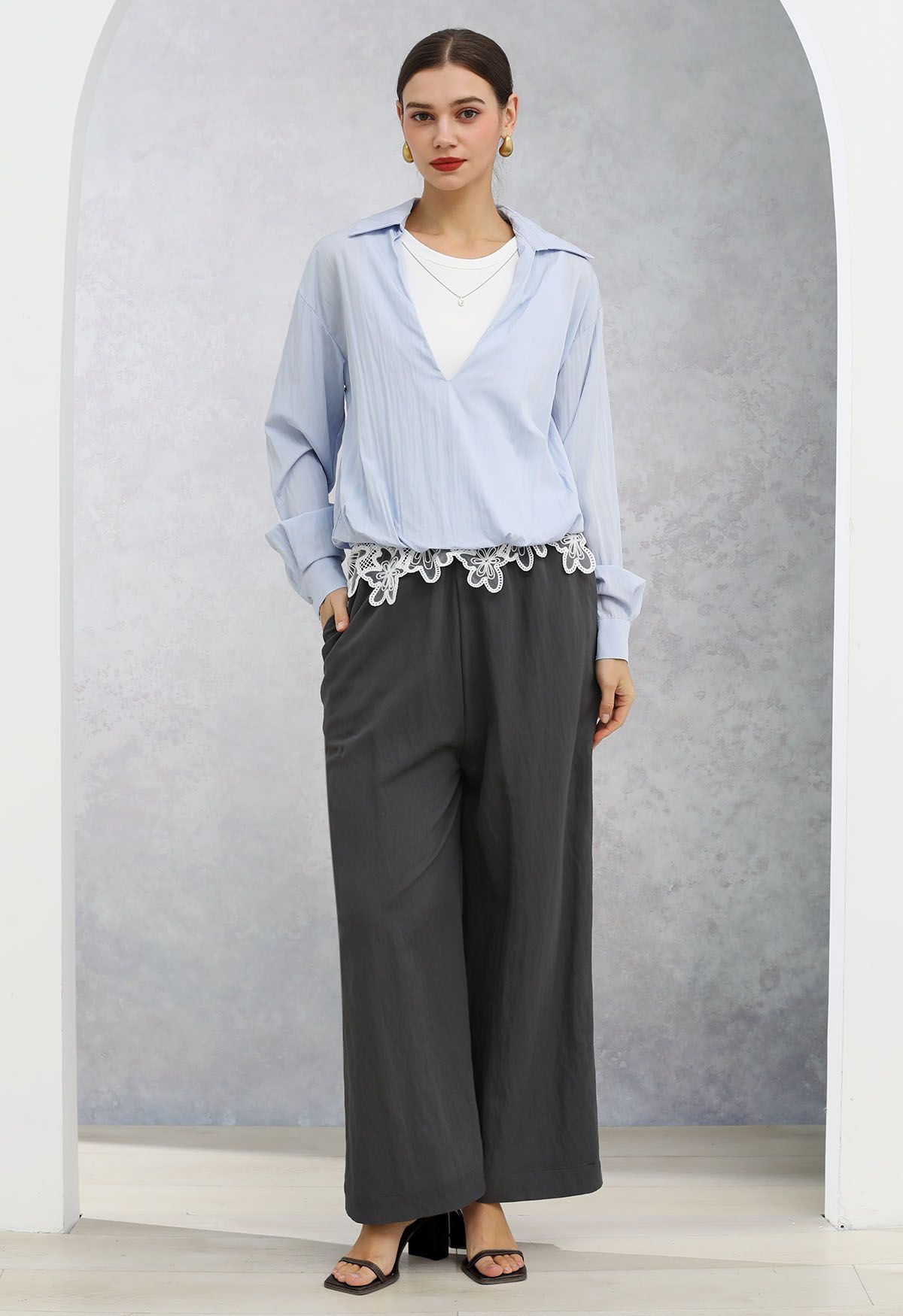 Lace Embroidery Waist Straight-Leg Pants