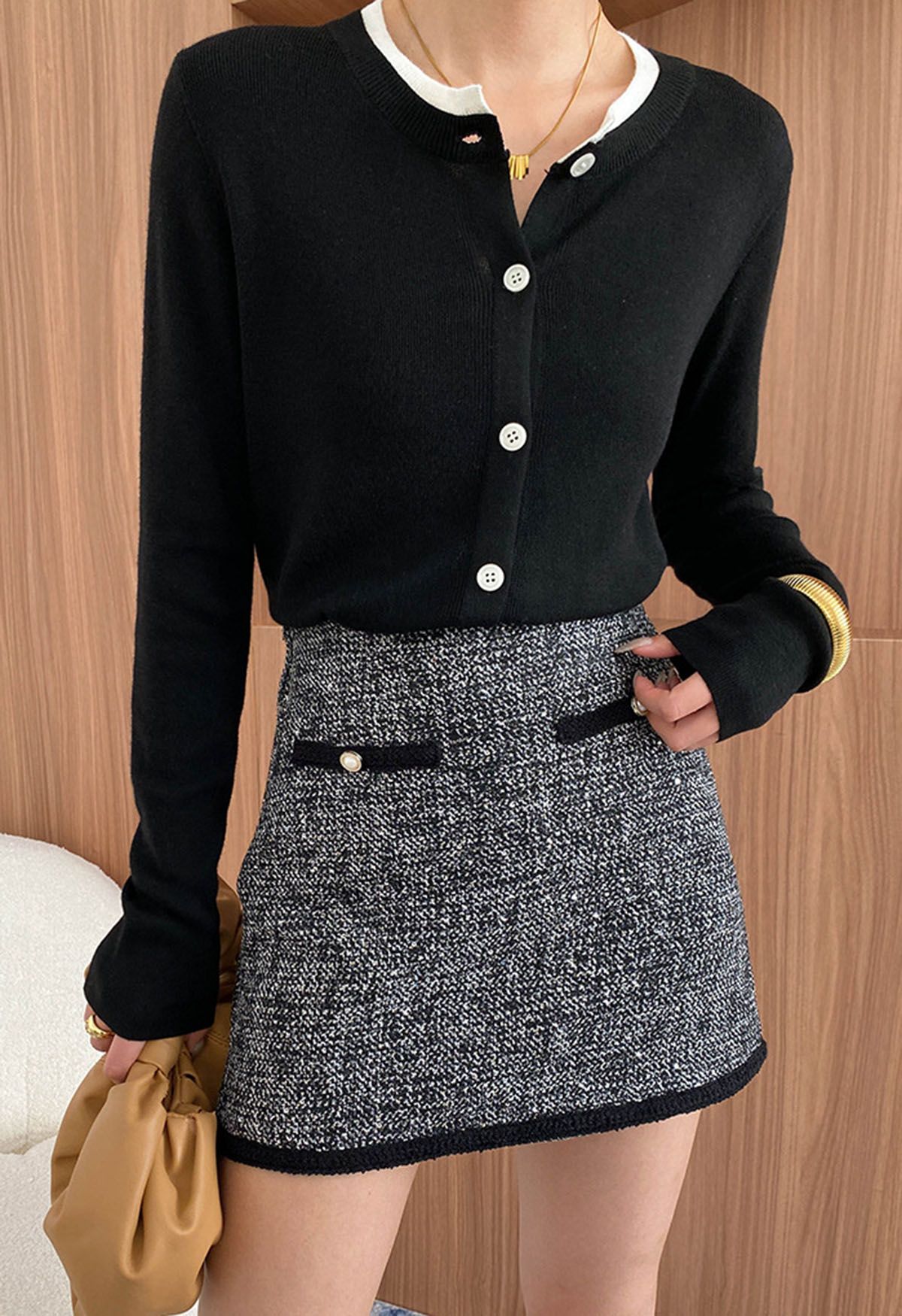 Contrast Edge Tweed Mini Bud Skirt