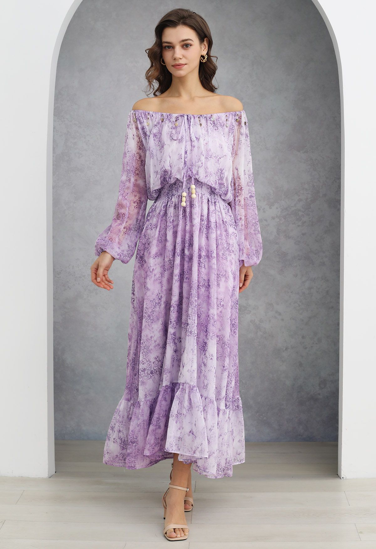 Vintage Baroque Off-Shoulder Chiffon Maxi Dress in Lilac