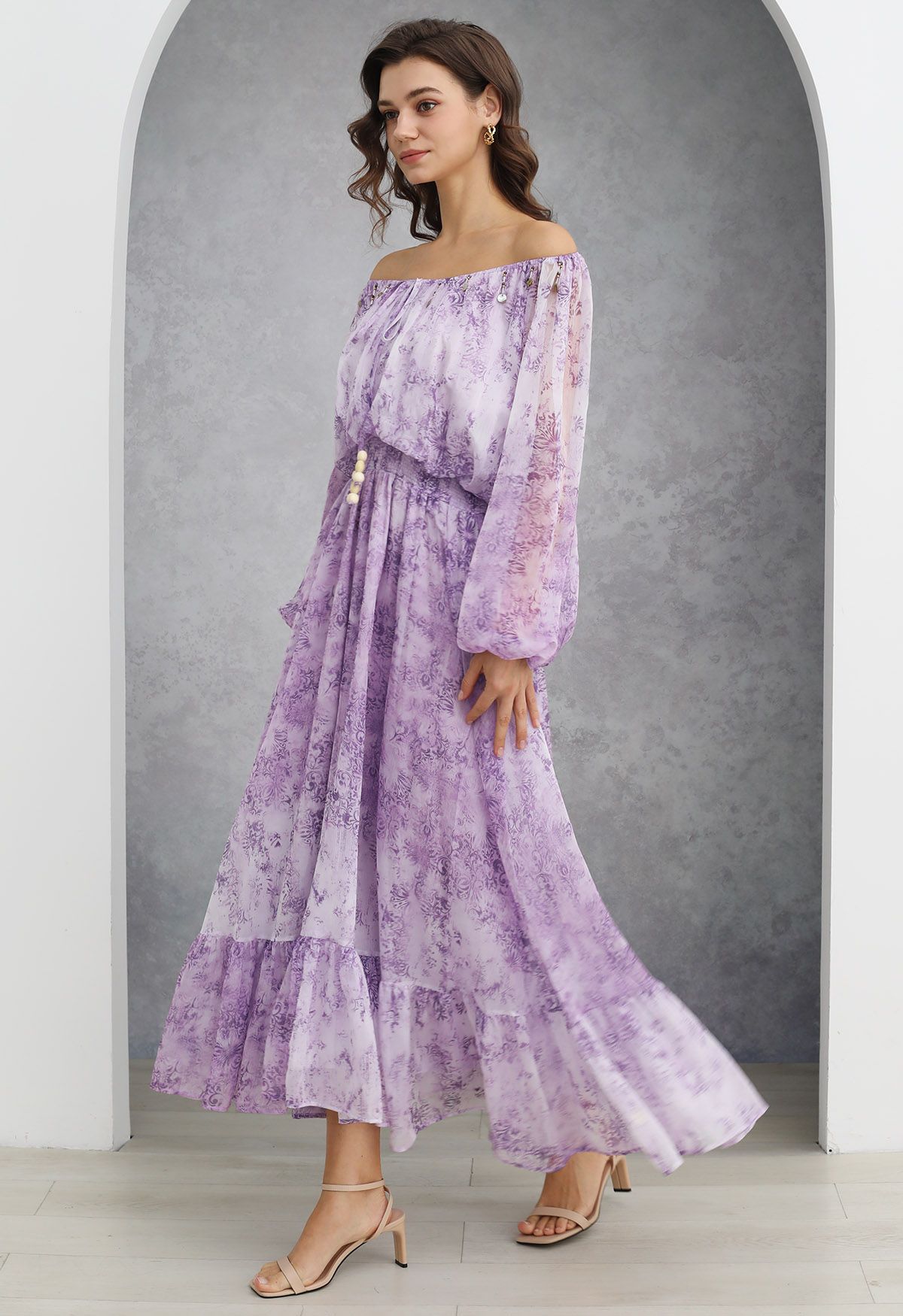 Vintage Baroque Off-Shoulder Chiffon Maxi Dress in Lilac