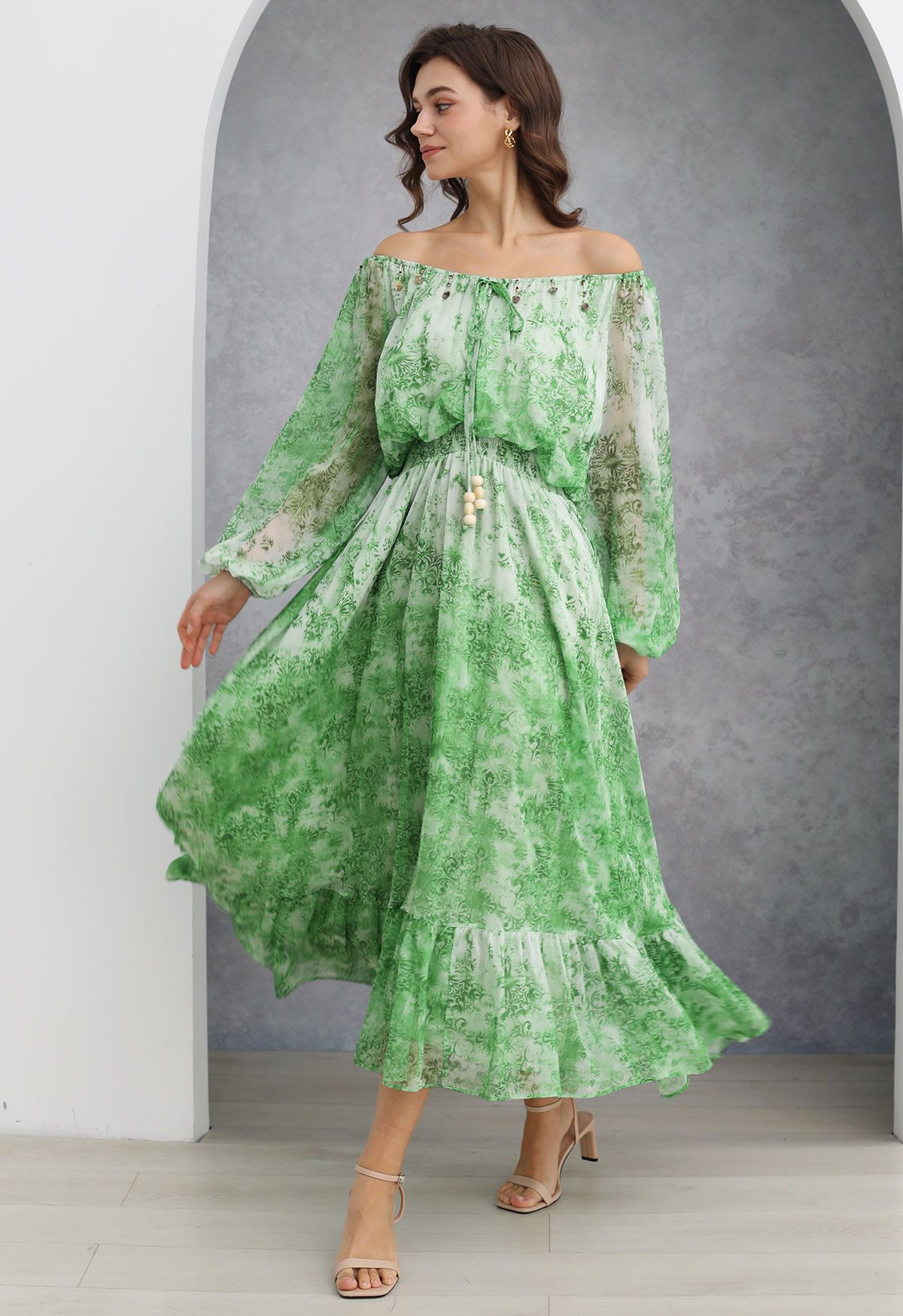 Vintage Baroque Off-Shoulder Chiffon Maxi Dress in Green