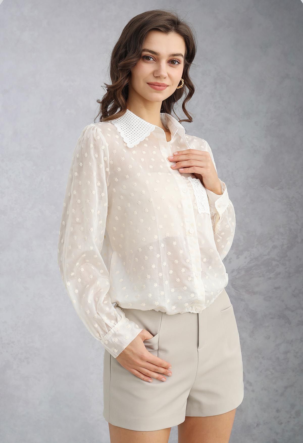 Lace Cutwork Pocket Embroidered Drawstring Shirt in Ivory