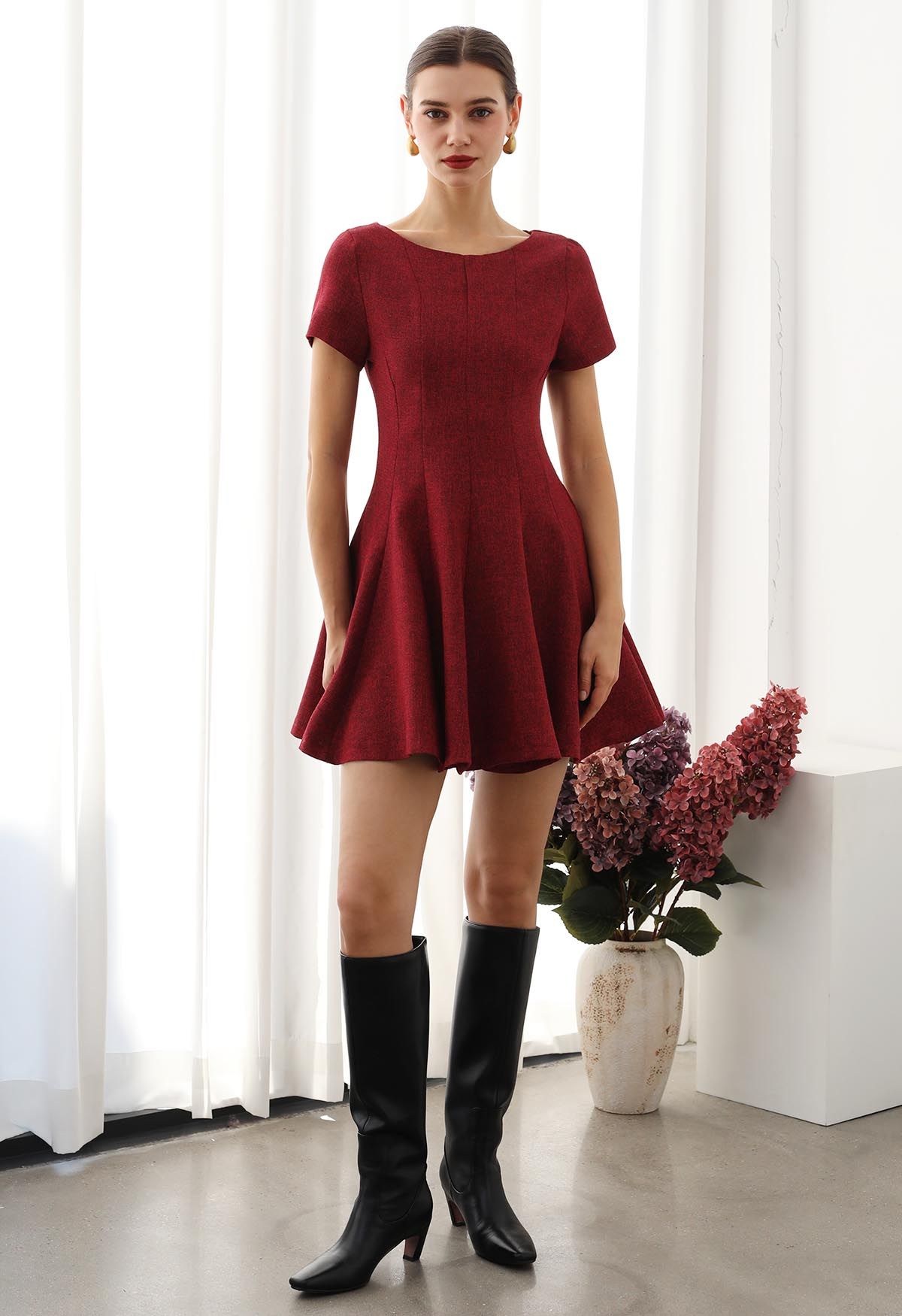 Fit-and-Flare Seamed Tweed Mini Dress in Red