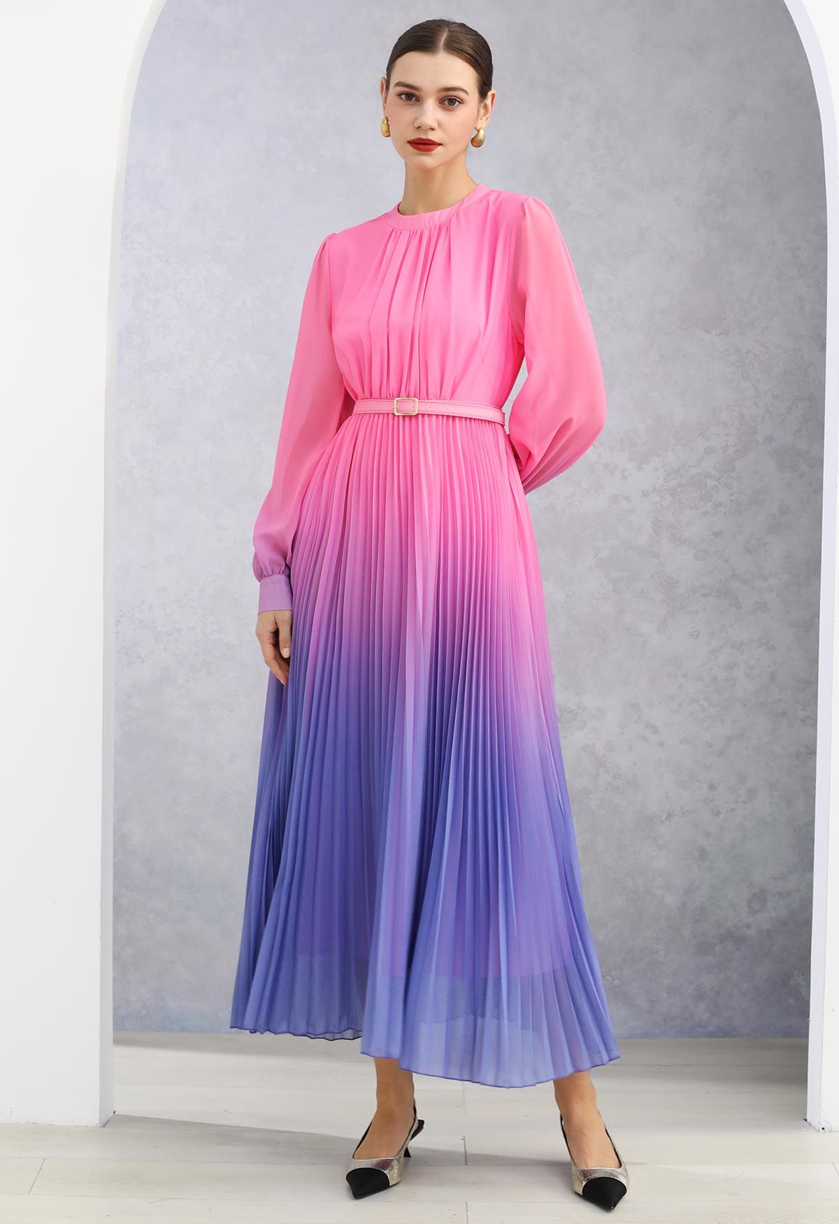 Pink-Purple Ombre Pleated Belt Chiffon Maxi Dress