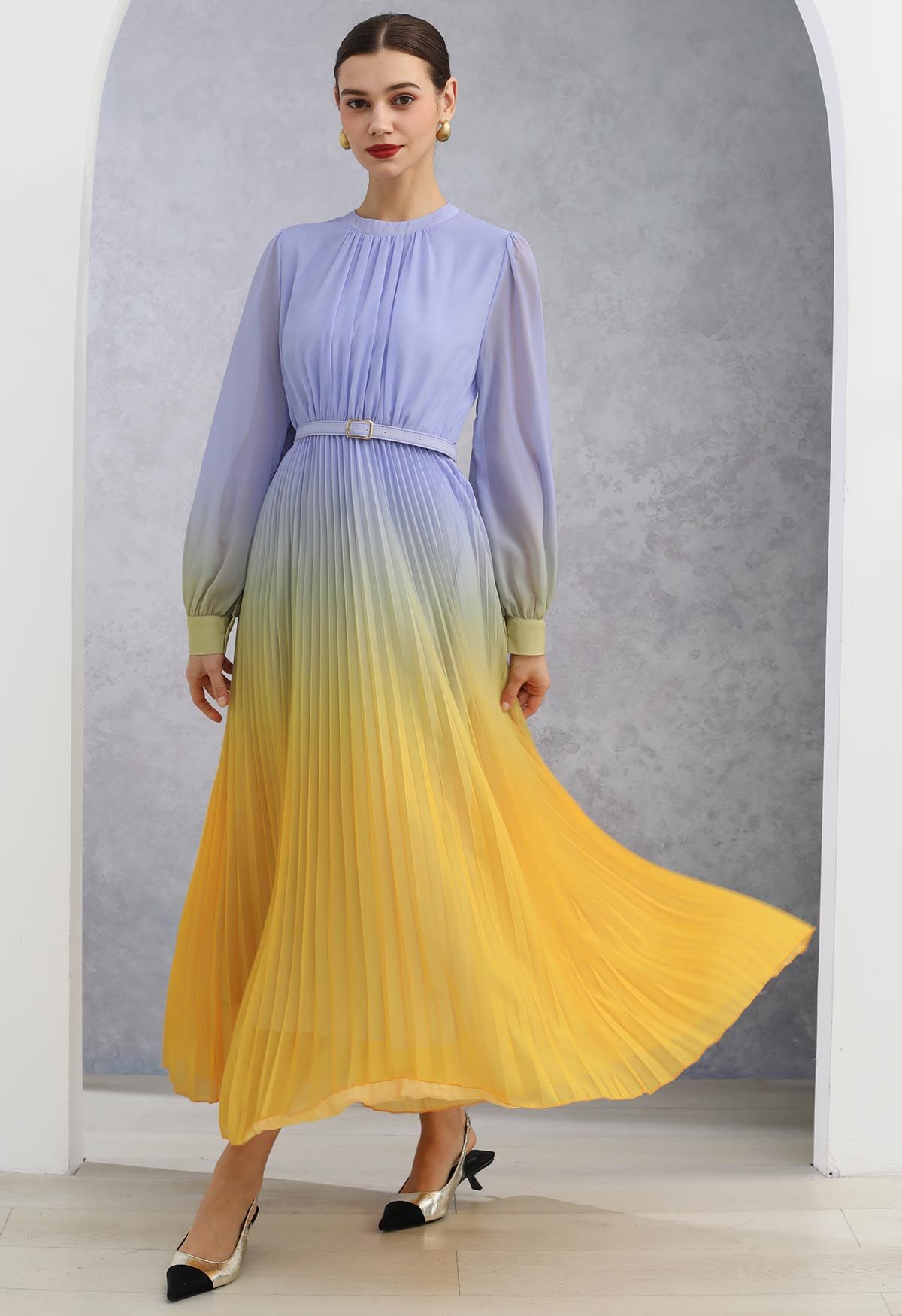 Blue-Yellow Ombre Pleated Belt Chiffon Maxi Dress