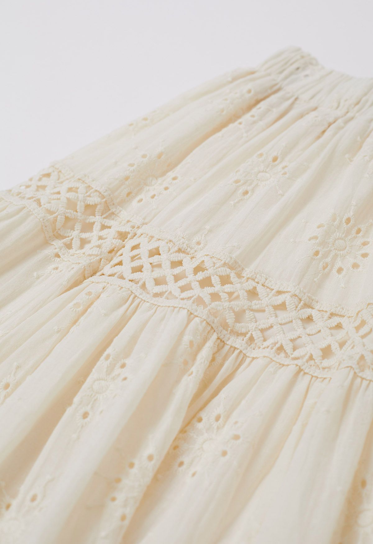 Floral Embroidered Eyelet Cotton Maxi Skirt in Cream