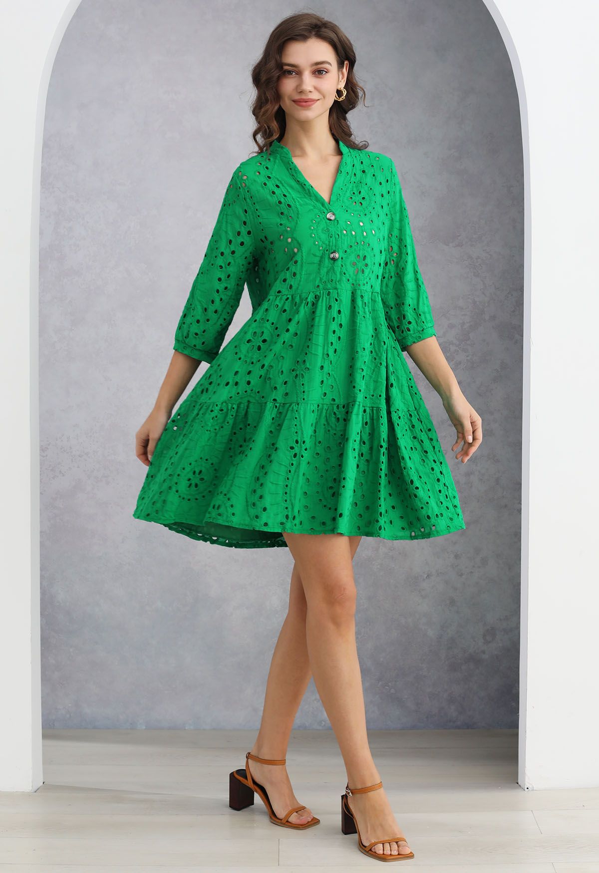 Eyelet Embroidery V-Neck Buttoned Dolly Dress