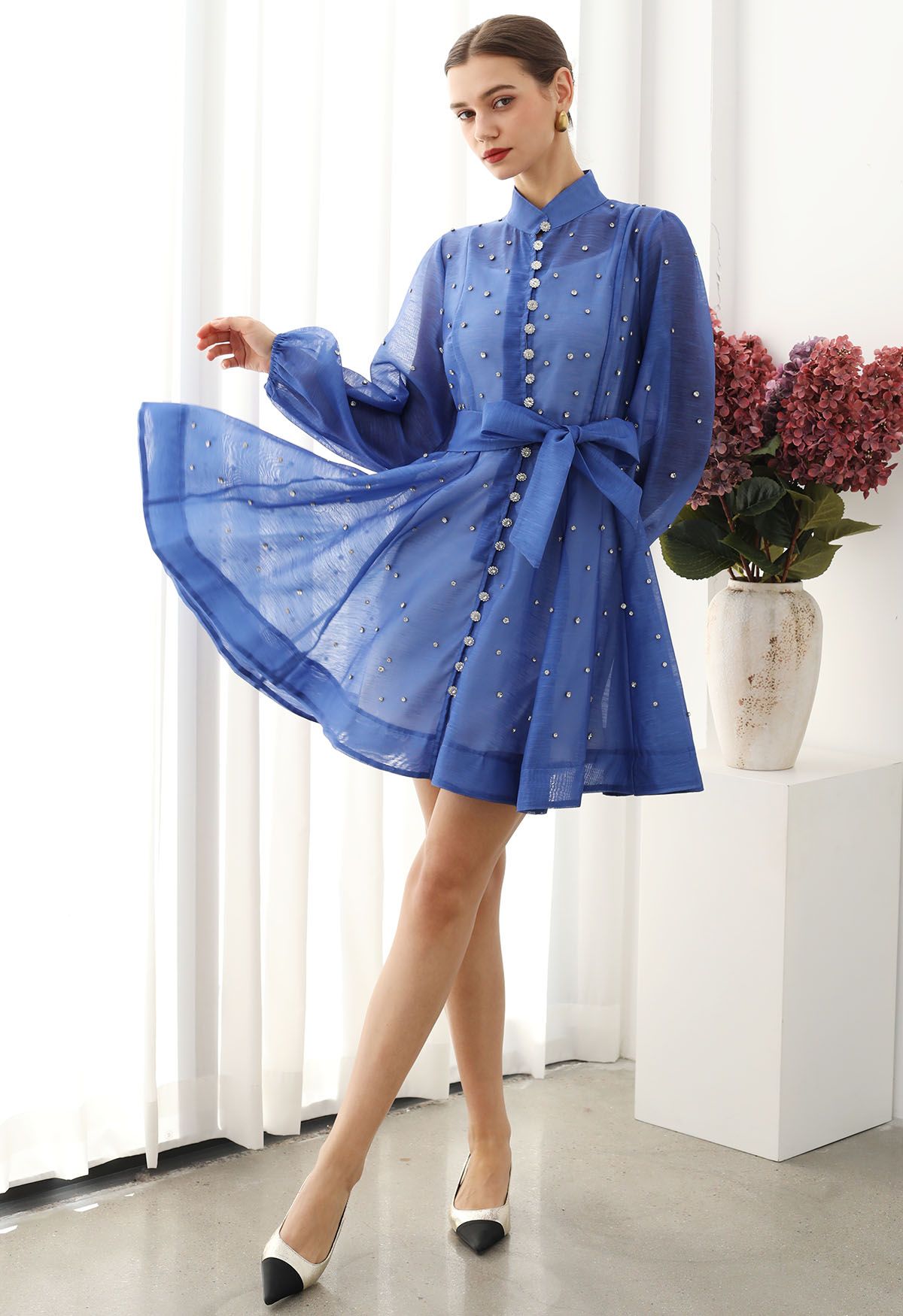 Rhinestone Decor Button Tie-Sash Organza Dress in Blue