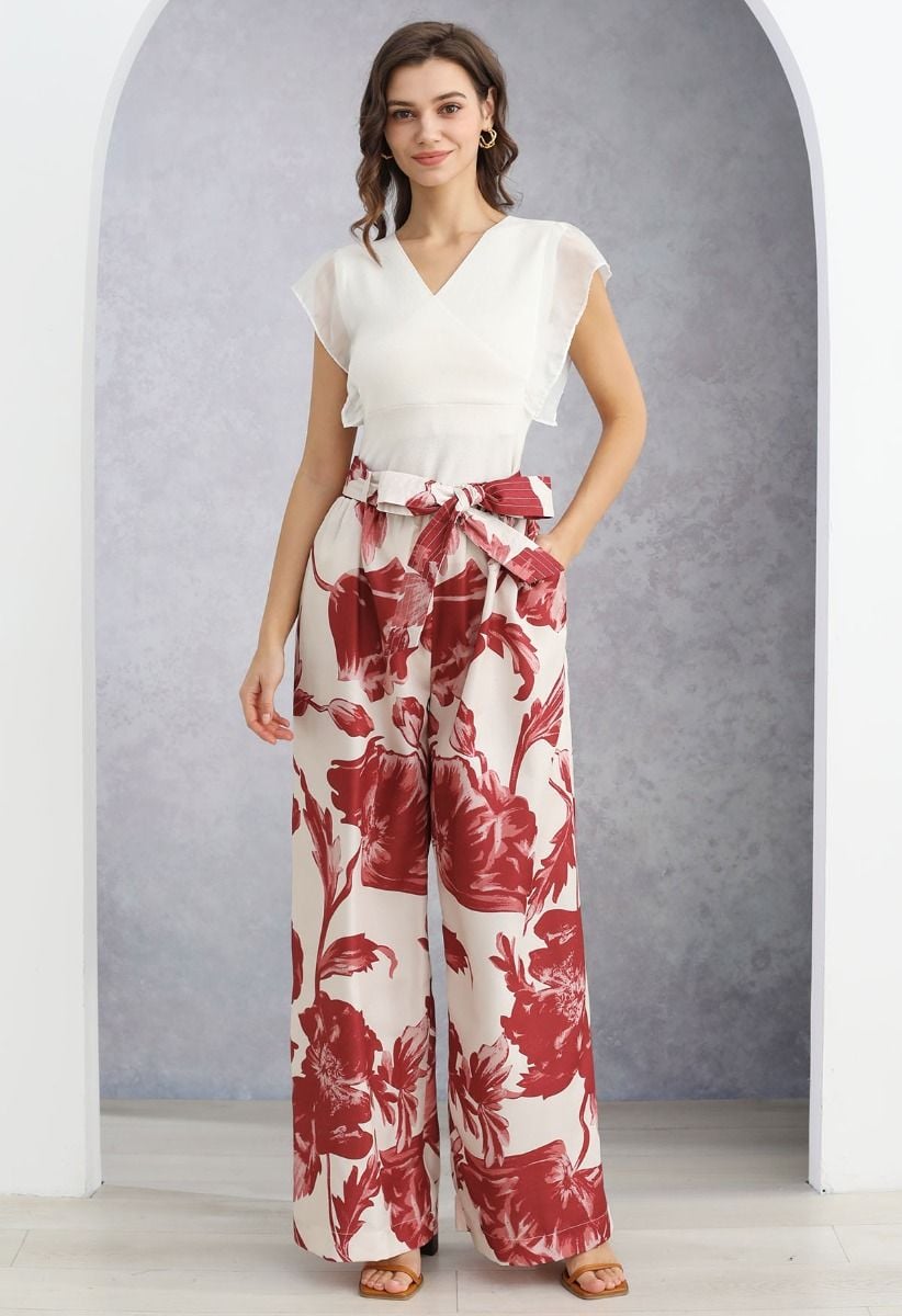 Red Bouquet Printed Wide-Leg Pants