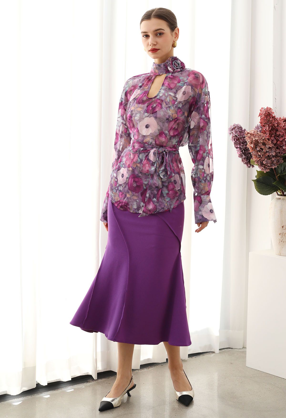 Floral Jacquard Puff Sleeves Asymmetric Chiffon Top