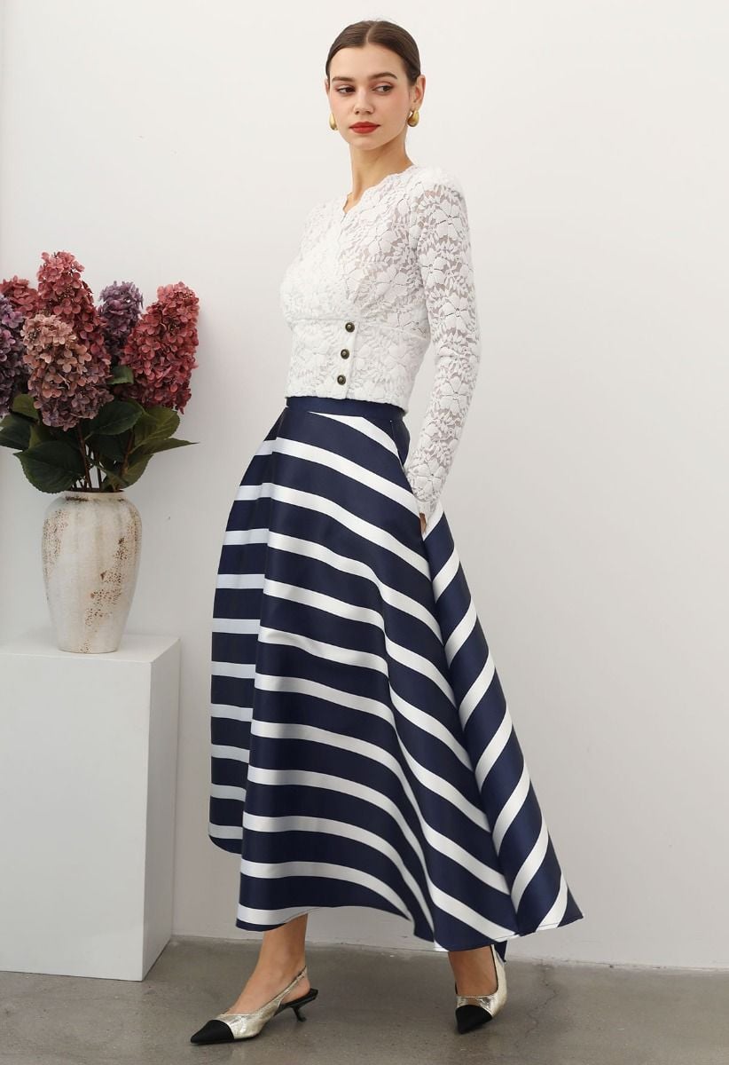 Adorable Stripe Side Pocket A-Line Maxi Skirt