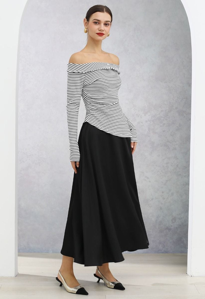 Flap Off-Shoulder Asymmetric Ruched Top in Stripe