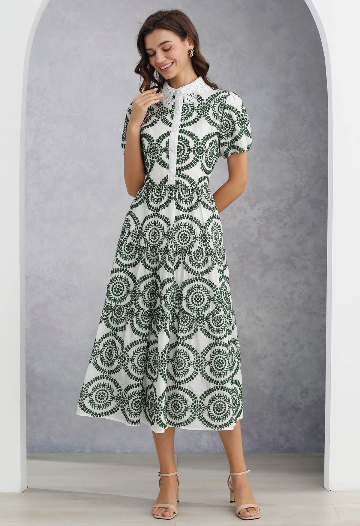 Crochet Collar Green Embroidered Eyelet Cotton Dress