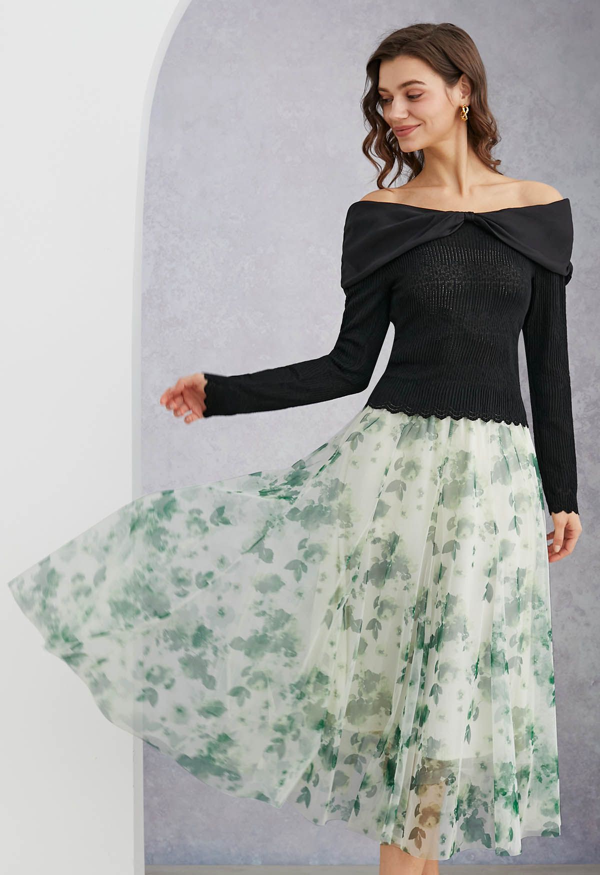 Watercolor Floral Printed Mesh Tulle Midi Skirt in Green