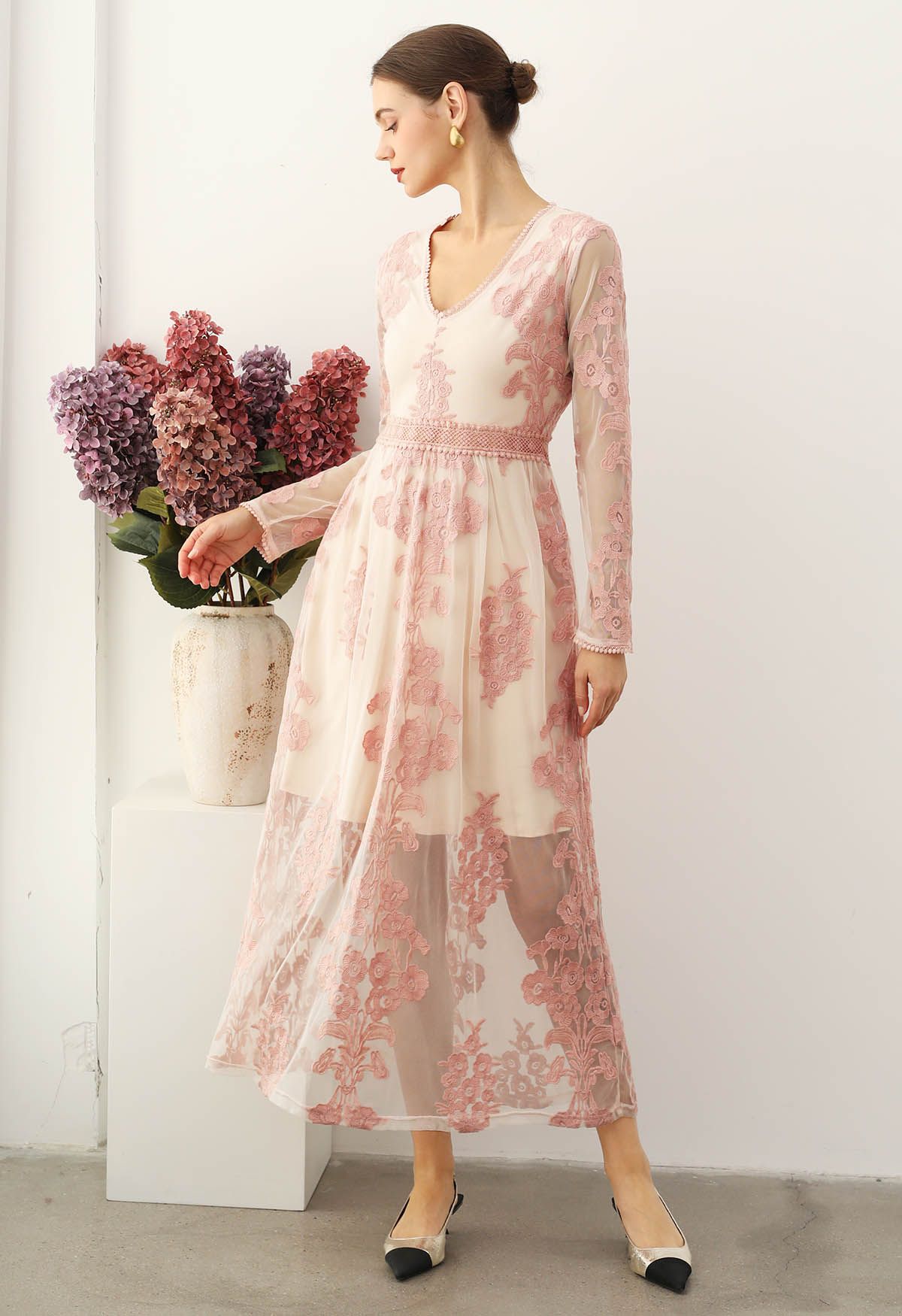 V-Neck Floral Embroidered Mesh Maxi Dress in Pink