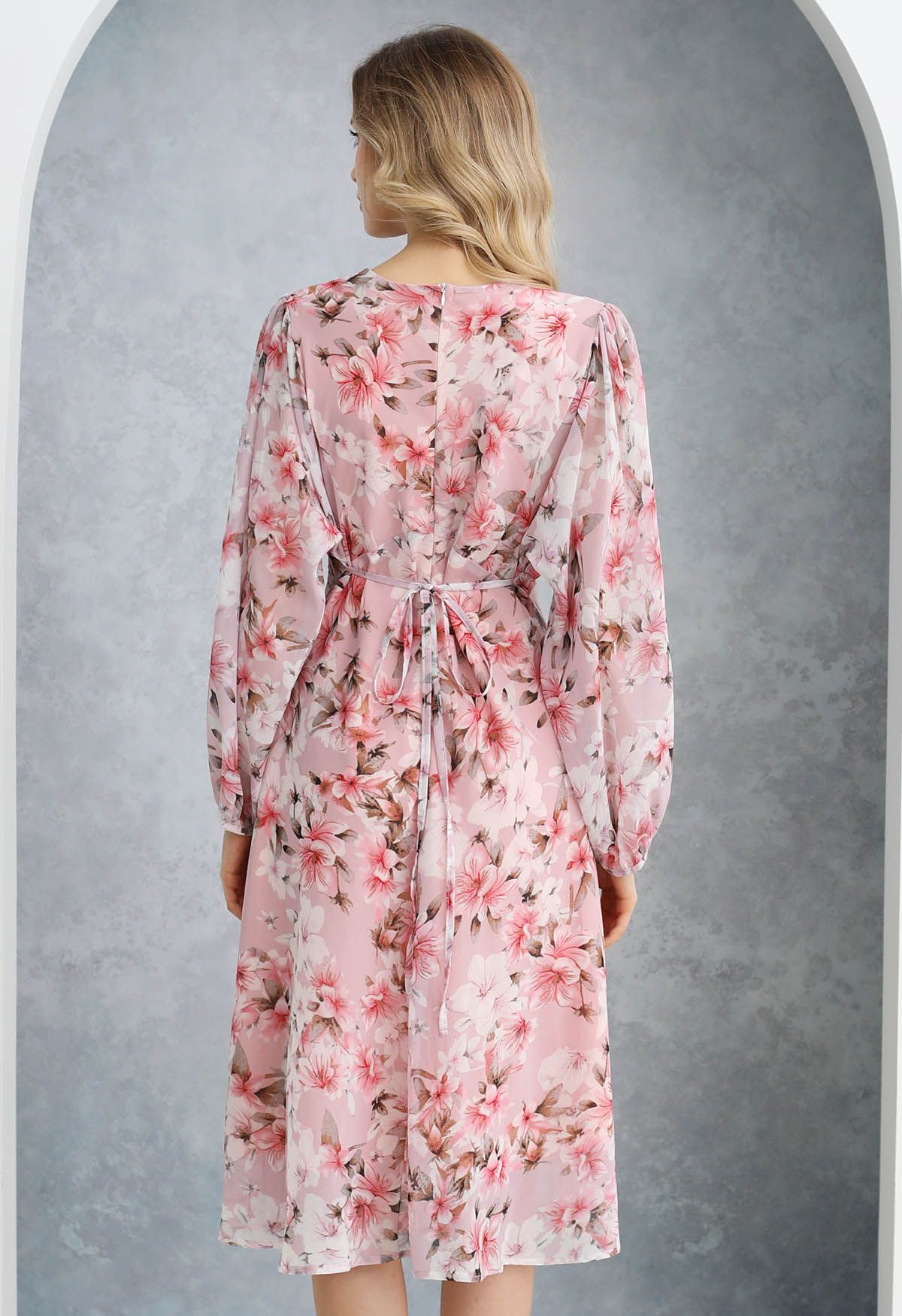 Cherry Blossom Printed Puff Sleeve Chiffon Midi Dress