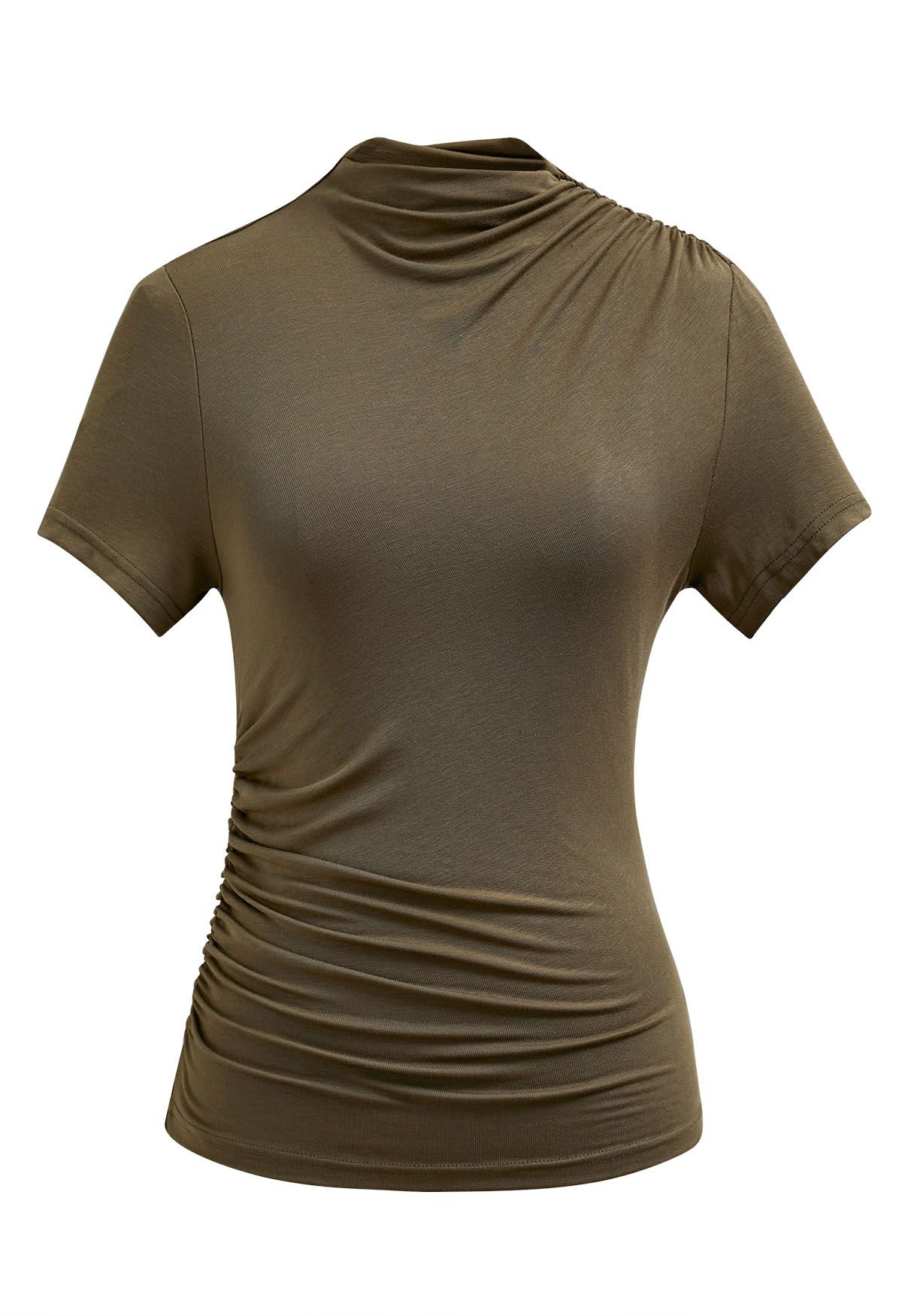 Side Ruched Detail Soft Touch Top in Army Green